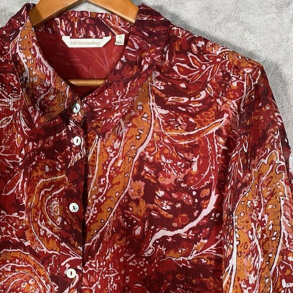Soft Surroundings Top Plus 2X Cheyla Tunic Red Paisley Crinkle Chiffon Button Up - Picture 4 of 12